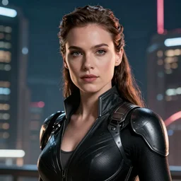 VFX movie closeup portrait of a futuristic hero woman in black spandex armor in future city, hero pose, beautiful skin, night lighting by Emmanuel Lubezki