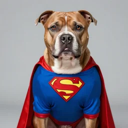 pitbull dog wearing superman suit, hyperrealistic, 8 k resolution, artstation, well designed