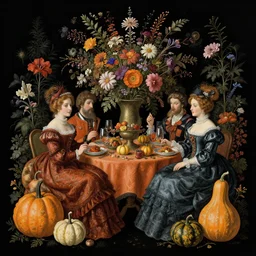 victorian thanksgiving feast, flowers and gourds, black background, still life by giuseppe arcimboldo, vanitas, intricate high detail masterpiece