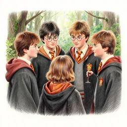 coloured pencil drawing bunch of charachters from harry potter looking at each other in a forest, trending