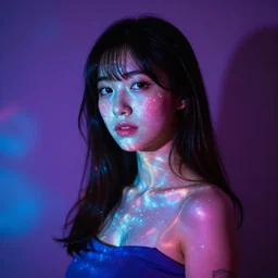 beautiful japanese model with led projection skin, neon lighting, portrait photo
