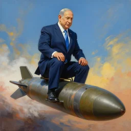insanely detailed painting of benjamin netanyahu riding on a missle, digital art, rich vibrant colors, hq, tranding on artstation