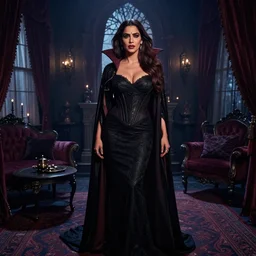 padma lakshmi posing as a vampire in a gothic apartment