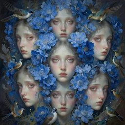 breathtaking detailed concept art painting pattern of faces goddesses of light blue flowers with anxious piercing eyes and blend of flowers and birds, by hsiao - ron cheng and john james audubon, bizarre compositions, exquisite detail, extremely moody lighting, 8 k