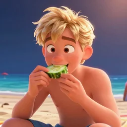 blonde male character makes vocation on a beach eating a cocumber, pixar style, detailed
