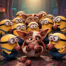gremlins movie, the gremlins are high and eating meatballs, trending on Artstation, 8K, ultra wide angle, pincushion lens effect.