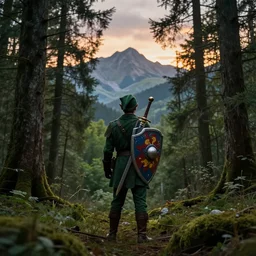 elf soldier wearing dark green with a shield and sword on his back standing at a forest looking for adventure in the mountains, tall trees, landscape is lush, moody sunset in background, greg rutkowski, alphonse mucha, trending on artstation, artgerm, unreal engine, breathtaking, award winning, highly detailed
