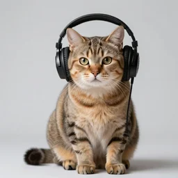 sitting cat wearing studio headphones enjoying the music, hyperrealistic, 4k ultra hd, studio lighting, ultra detailed