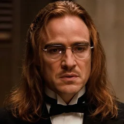 a screenshot of a handsome guy with very long hair chestnut hair, with nerdy glasses in the godfather part 2 movie