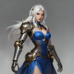 a highly detailed illustration of beautiful white haired woman with steampunk prosthetic mechanical arm, wearing blue dress, dramatic pose, art by artgerm and greg rutowski, intricate, elegant, highly detailed, centered, digital painting, artstation, concept art, smooth, sharp focus, league of legends concept art, wlop.