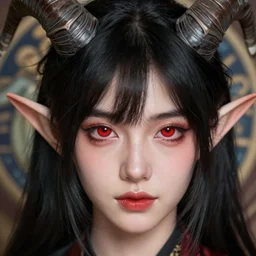 closeup hyper-realistic portrait of beautiful high-fantasy elf girl (black hair and red eyes) with two goat-like horns coming out of her head, intricate details, by Stanley Artgerm Lau, by greg rutkowski, by thomas kindkade, by alphonse mucha, loish, by norman rockwell J.