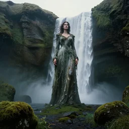 dark and moody 1 9 8 0's artistic color spaghetti western film, a giant tall huge woman in an extremely long dress made out of waterfalls, standing inside a green mossy irish rocky scenic landscape, huge waterfall, volumetric lighting, backlit, atmospheric, fog, extremely windy, soft focus