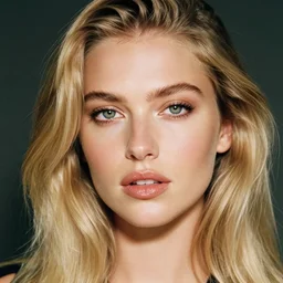 A medium close-up 35mm photograph of a beautiful blonde female model, passionate look, beautiful green eyes, sparkling lip gloss, perfect nose