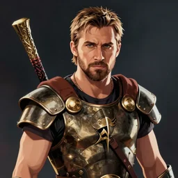 Illustration of Ryan Gosling as a spartan hoplite hero, dark atmosphere, angry look, gta 5 cover style, highly detailed, digital painting, Trending on artstation , HD quality, by Glenn Rane and Samwise Didier, dramatic light, octane