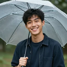 gigachad under an umbrella grinning