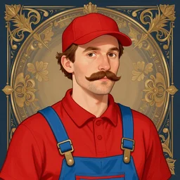 a portrait of a man with a mustache wearing a red shirt, blue overalls, and a red cap, art by jakub rozalski, digital illustration, ornate details,