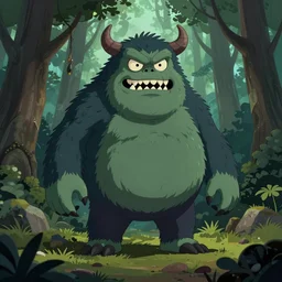 Cartoon illustration of a terrifying monster in a forest