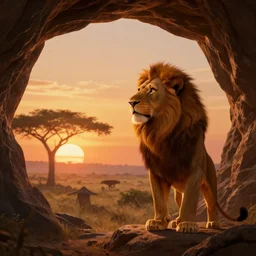 the lion king watching the sunset from a cave, digital art, trending on artstation, HDR