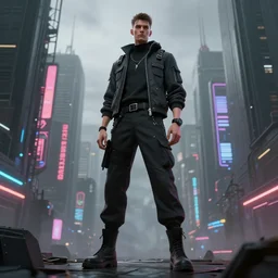 A tall slender man in a techwear outfit, high quality, digital art, dire cyberpunk city, gray sky, neon signs in background, greg rutkowski