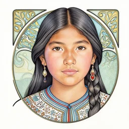 a copic maker art nouveau portrait of a mapuche girl finely detailed features wearing a mapuche poncho designed by balenciaga by john berkey, norman rockwell akihiko yoshida