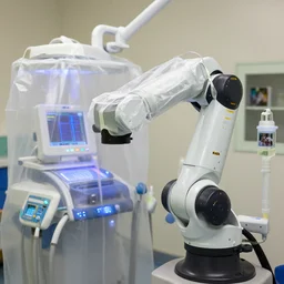 a close up of a small boxy kuka robotic arm in a dental care room with machines covered with large translucent synthetic garments, hospital, blinking leds, tiny monitors displaying code, small computers, input interfaces, big plastic pipes pumping liquids, color photo, various levels of details, 5 0 mm sigma lens, high aperture