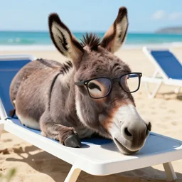 A Donkey wearing cool glasses lying on a beach sun bed, 8k, highly detailed, ray tracing