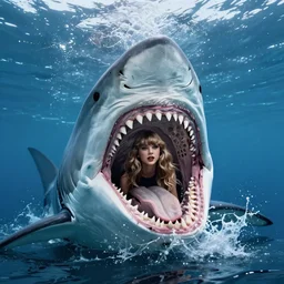 taylor swift inside a massive shark's open mouth in the sea, horror thriller jaws 4 k photograph nature
