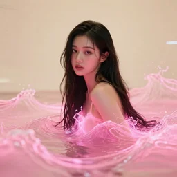 lee jin - eun emerging from pink bioluminescent wave in ivory cyberpunk theme by edward okun, rule of thirds, seductive look, beautiful