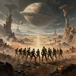 epic battle on an exotic alien planet, landscape, alex ross, neal adams, david finch, war, concept art, matte painting, highly detailed, rule of thirds, dynamic lighting, cinematic, detailed, denoised, centerd
