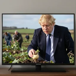 a photo of boris johnson on tv showing everyone the turnip he found