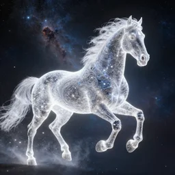 a stunning horse made of illuminated stardust particles running through a space nebula by greg rutkowski, high key lighting, volumetric light, digital art, highly detailed, fine detail, intricate, ornate, complex, octane render, unreal engine, photorealistic