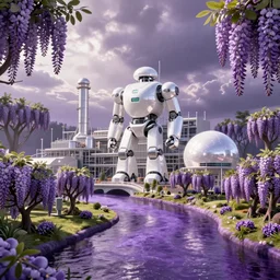 view from across the purple river of the enormous glossy white robot factory. the robot factory is within a clearing in the wisteria forest. digital render. by simon stalenhag and zaha hadid