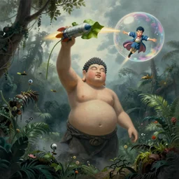 hyperrealist painting of a giant fat buddha holding a pot leaf rocketing out of a bubble from howl's moving castle ( 2 0 0 4 ) in the sky high above the jungle. moody, misty, depth perception.
