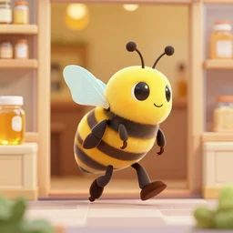 extremely anthropomorphic bee walking into a honey shoppe
