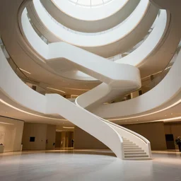 parametric atrium designed by zaha hadid with curved staircase, symmetrical, cinematic, ray traced, octane render, cinematic lighting, ultrarealistic, featured on artstation, 8 k