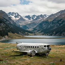 super epic realistic nature photo of mountains valley and lake trending on instagram with abandoned old plane