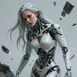 ultra realistic, cyborg woman crying and broken and helpless and alone, shattered into pieces, cyberpunk, sci-fi, fantasy, intricate details, elegant, highly detailed, photorealistic, octane render, 8k, HD, art by artgerm and greg rutkowski and alphonse mucha
