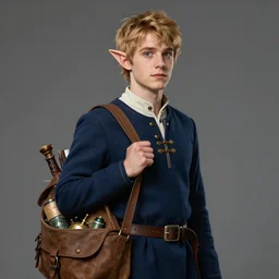 8k portrait of a young curious handsome male wood elf elf elf scholarly adventurer wearing a navy blue student's tunic carrying a satchel of arcane supplies, by Raymond Swanland Greg Rutkowski Lise Deharm, intricate, masterpiece, sharp, digital art, ArtStation, CGStation, 4k