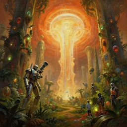lush garden dramatic perspective organic 3 d fractal a minimalist bioluminescent microscopy, gigantic pillars, maschinen krieger, beeple, the matrix, star wars, ilm, star citizen, mass effect, oil painting by donato giancola, chris foss, warm coloured, cinematic scifi with giant bright translucent fury road in space, artstation, atmospheric perspective
