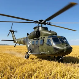 a high resolution very detailed image of russian army helicopter boss fight from nier : automata in yellow rye field under pure blue skies