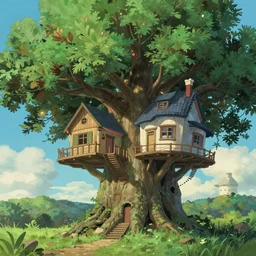 House in a giant tree with a ghibli studio style, Artstation, concept art, 4k, 8k, high detailed