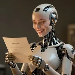a beautiful intricate fine art portrait photo of a happy mechanical futuristic cybernetic humanoid reading a letter of admission held in her hands, by natalie shau and zach sutton, eyes light up, happiness!, perfection!, studio lighting, golden ratio composition, 50mm lens, bionic, cybernetic scifi, deep depth of field, artstation, 8K