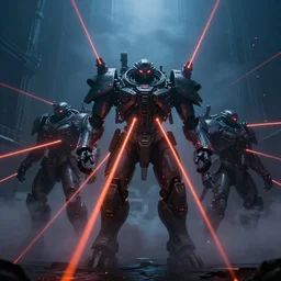 giant group bodies, smoke lasers, darkness, from behind, wide angle, elaborate, smoke, red dot, orange line, blue mist, highly detailed, beautiful lighting