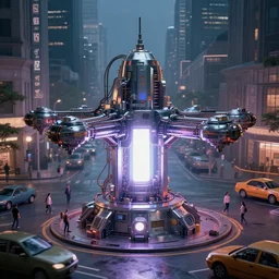 teleportation machine in a city, with people and cars around it, the machine itself is a large metal contraption with a bright light in the center, trending on artstation