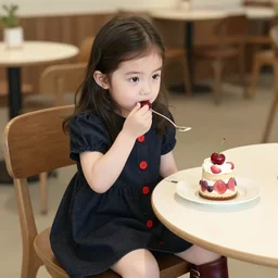 a beautiful 3 0 - year - old girl in a dark dress with red buttons in the form of fruit and dark red boots is eating cherry dessert sitting at a table in a cozy restaurant. hyper - real photo. clear detail. a beautiful face.