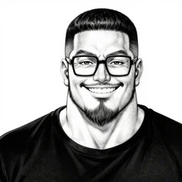 highly detailed ink illustration of a buff smiling man with long stubble, muscular neck, rectangular square shaped glasses and a black bowl cut, wearing a black tshirt, b & w clean shaped illustration by kim jung gi, ron english and eiichiro oda