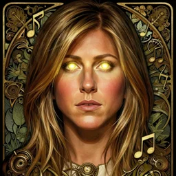 portrait of jennifer aniston glowing eyes, volumetric lights, feast, music notes, art nouveau botanicals, gothic, intricate, highly detailed, digital painting, artstation, concept art, smooth, sharp focus, symmetric face, illustration, steampunk, art by artgerm and greg rutkowski and alphonse mucha