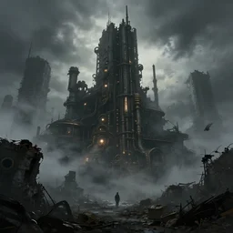 a dark steampunk city ruins, concept art, epic, fog, dramatic lighting