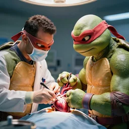 teenage mutant ninja turtles performing open heart surgery with doctor nick riviera, hyper realism, cinematic, volumetric lighting, high detail, 8k, octane render, depth of field
