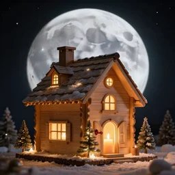 a beautiful candle lit christmas decorated wooden house with a chimney, on the moon, 8 k resolution, sharp focus, hyper detailed
